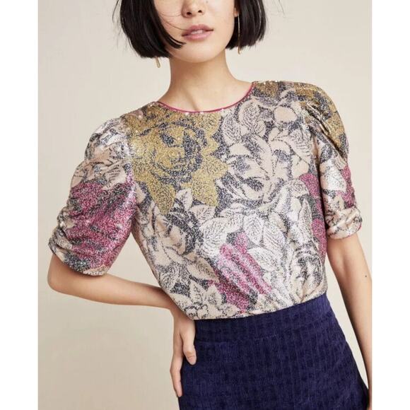Anthropologie Sequin Floral Puff Sleeve Blouse Top Metallic Holiday Party US 10 - Picture 1 of 12